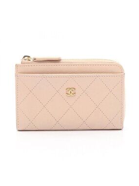 Chanel Coin Purse CC Logo Zip Card Case Pink Beige Leather Quilted Fragment